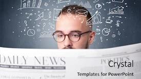  Presentation with turkish restaurant business plan - Colorful theme enhanced with current affairs finance - young smart businessman reading daily backdrop and a light gray colored foreground