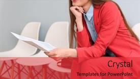  Presentation with interview - Slide deck featuring curriculum vitae - young woman waiting for interview background and a red colored foreground