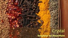  Presentation with cassia - Audience pleasing theme consisting of curry spices from left fenugreek crushed dried chillies cloves turmeric cumin and cassia or cinammon sticks backdrop and a tawny brown colored foreground