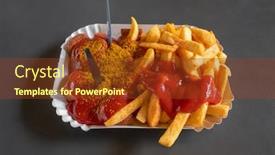  Presentation with french fries - Presentation design consisting of currywurst with french fries on a paper plate close up in berlin background and a tawny brown colored foreground