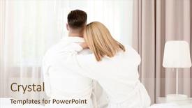  Presentation with good morning couple bed - PPT layouts featuring bathrobe - morning of happy young couple background and a sky blue colored foreground