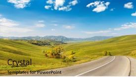  Presentation with dark blue moonlight landscape - PPT layouts enhanced with curve green yellow - mountain landscape under blue sky background and a gold colored foreground