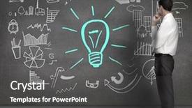  Presentation with bulb - Theme featuring curved arrow - businessman looking at drawings background and a dark gray colored foreground