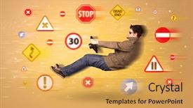  Presentation with road signs - PPT layouts having curved arrow - young driver with road signs background and a yellow colored foreground