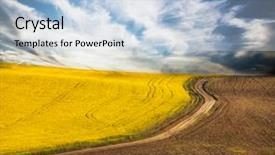  Presentation with blind curve road and - Audience pleasing PPT theme consisting of curving road in flowering rape backdrop and a light blue colored foreground