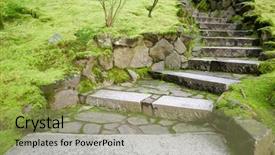  Presentation with stairway - Colorful presentation enhanced with curving stone stairway with surrounding moss covered grounds backdrop and a mint green colored foreground