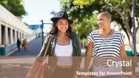  Presentation with walking young wild jaguar - PPT theme with curvy - young smiling women walking background and a coral colored foreground