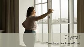  Presentation with air - PPT theme having curvy-woman-opens-the-window background and a soft green colored foreground