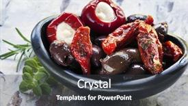  Presentation with fixing his black bow tie - Amazing slide deck having cusine - antipasto in black bowl olives backdrop and a  colored foreground