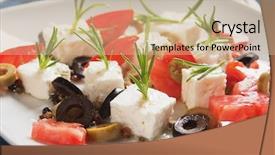  Presentation with olive oil and products - Slide deck consisting of cusine - cheese tomato and olives salad background and a soft green colored foreground