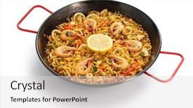  Presentation with seafood paella - Audience pleasing presentation consisting of cusine - fideua de marisco seafood pasta backdrop and a light gray colored foreground