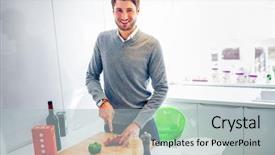  Presentation with one young man exercising handball - Presentation design with cusine - handsome young man cooking background and a  colored foreground