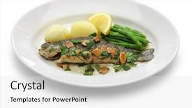  Presentation with trout - Audience pleasing presentation consisting of cusine - trout meuniere amandine rainbow trout backdrop and a white colored foreground