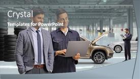  Presentation with computer repair - Slides having customer-and-a-mechanic background and a gray colored foreground