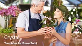  Presentation with nursery - Slides with customer and employee in nursery with a pot of impatiens background and a coral colored foreground