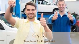  Presentation with mechanic repair - Presentation design with customer and mechanic smiling background and a lemonade colored foreground