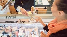  Presentation with cheese - PPT layouts featuring customer-and-shop-clerk background and a coral colored foreground