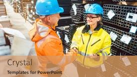  Presentation with shaking hands - Presentation design featuring customer-and-worker-in-steel background and a yellow colored foreground