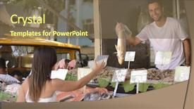  Presentation with fish people - PPT theme with customer at an open retail background and a violet colored foreground