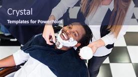  Presentation with barber shop - PPT layouts enhanced with customer at barber shop with shaving cream background and a ocean colored foreground
