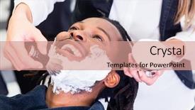  Presentation with barber shop - Slide deck with customer at barber shop background and a coral colored foreground