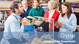  Presentation with earn money for shopping online - Colorful PPT theme enhanced with customer-at-the-supermarket-cashier backdrop and a teal colored foreground