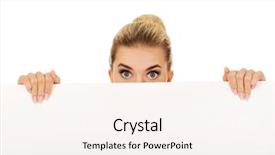  Presentation with empty - PPT layouts featuring customer blank face - happy businesswoman holding empty banner background and a  colored foreground