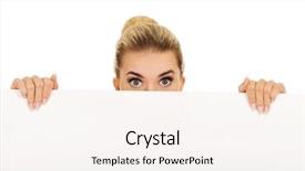  Presentation with roll up banner - Theme consisting of customer blank face - happy businesswoman holding empty banner background and a  colored foreground