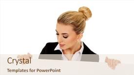  Presentation with empty - Amazing presentation theme having customer blank face - smiling businesswoman holding empty banner backdrop and a  colored foreground