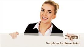  Presentation with empty - Presentation design having customer blank face - smiling businesswoman holding empty banner background and a  colored foreground