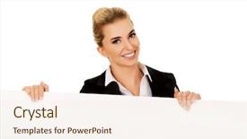  Presentation with empty - Presentation design featuring customer blank face - smiling businesswoman holding empty banner background and a  colored foreground