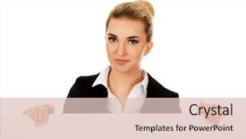  Presentation with empty - Slide deck enhanced with customer blank face - smiling businesswoman holding empty banner background and a  colored foreground