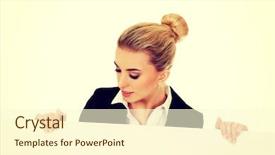  Presentation with empty - Audience pleasing presentation theme consisting of customer blank face - smiling businesswoman holding empty banner backdrop and a  colored foreground