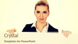  Presentation with roll up banner - Slide set with customer blank face - smiling businesswoman holding empty banner background and a  colored foreground