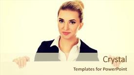  Presentation with empty - Audience pleasing slide set consisting of customer blank face - smiling businesswoman holding empty banner backdrop and a  colored foreground