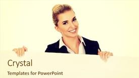 Presentation with empty - Colorful PPT theme enhanced with customer blank face - smiling businesswoman holding empty banner backdrop and a  colored foreground