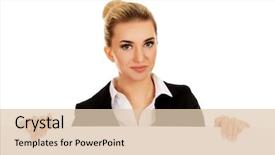  Presentation with empty - Cool new presentation design with customer blank face - smiling businesswoman holding empty banner backdrop and a  colored foreground