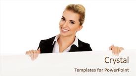  Presentation with roll up banner - Colorful PPT layouts enhanced with customer blank face - smiling businesswoman holding empty banner backdrop and a  colored foreground