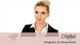  Presentation with empty - PPT layouts with customer blank face - smiling businesswoman holding empty banner background and a  colored foreground