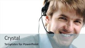  Presentation with advocacy support program - Theme consisting of customer care - attractive blond support person male background and a light blue colored foreground