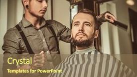  Presentation with barber shop - Presentation theme enhanced with customer care - confident man visiting hairstylist background and a violet colored foreground