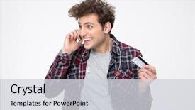  Presentation with talking on phone - Presentation design featuring customer complain - happy man talking background and a light gray colored foreground