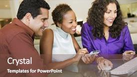  Presentation with purchase order and fulfillment - Presentation consisting of customer connect - happy multiethnic couple making purchase background and a tawny brown colored foreground