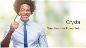  Presentation with credit card - Slide deck with customer delight - afro american man holding credit background and a  colored foreground