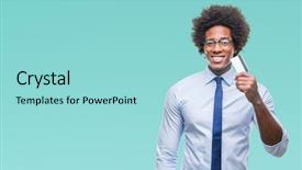  Presentation with credit card - Cool new presentation theme with customer delight - afro american man holding credit backdrop and a arctic colored foreground