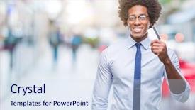 Presentation with credit card - Slide deck consisting of customer delight - afro american man holding credit background and a  colored foreground