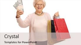  Presentation with elderly holding pills - Presentation theme consisting of customer delight - cheerful elderly woman holding stacks background and a soft green colored foreground