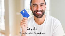  Presentation with credit card - Beautiful theme featuring customer delight - handsome hispanic man holding credit backdrop and a lemonade colored foreground