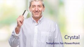  Presentation with happy sad face man - Presentation theme having customer delight - handsome senior man holding credit background and a sky blue colored foreground