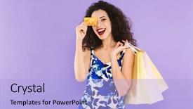  Presentation with credit card - Cool new theme with customer delight - portrait of beautiful woman 20s backdrop and a  colored foreground